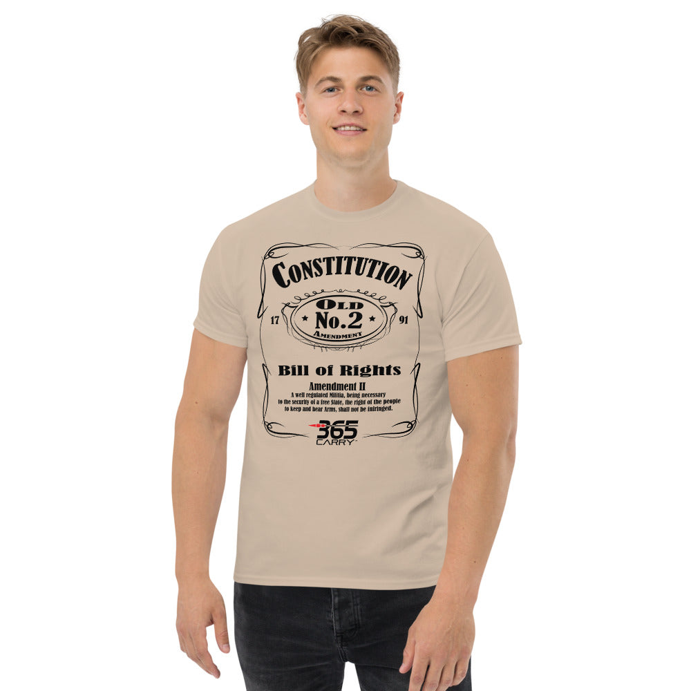 man with T-Shirt with 2nd amendment JD design, tan.