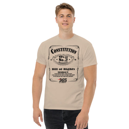 man with T-Shirt with 2nd amendment JD design, tan.