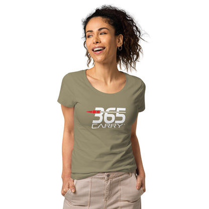 Smiling Woman wearing 365carry logo t-shirt tan