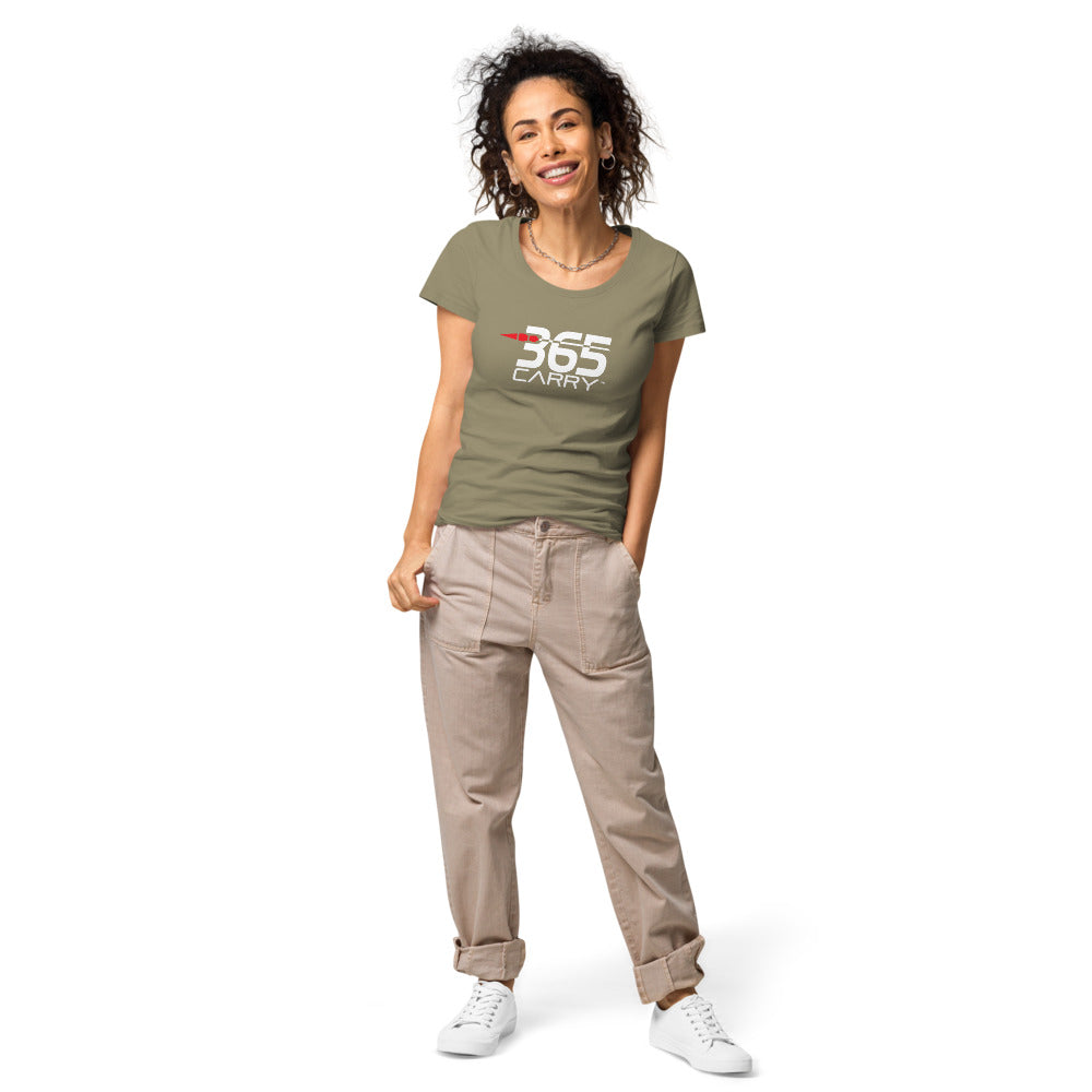 standing Woman wearing 365carry logo t-shirt tan