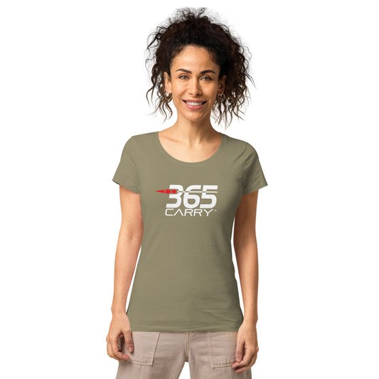 Woman wearing 365carry logo t-shirt tan